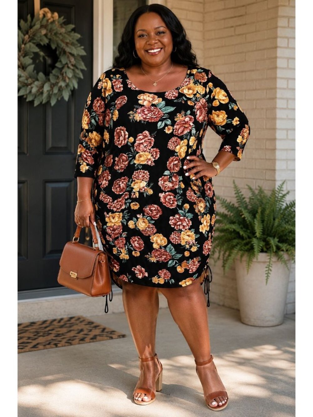 Butterflies & Rainbows Size 1X Dress Floral Black Adjustable Side Drawstrings - Picture 7 of 7